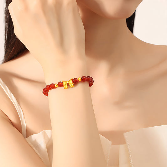 18K Gold Bowknot Red Agate Jade Beaded Bracelet(elastic cord)