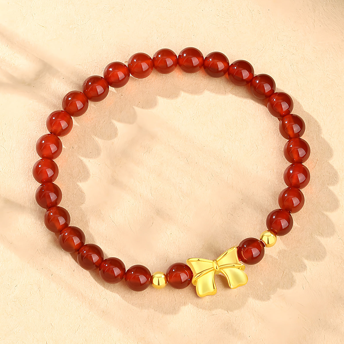 18K Gold Bowknot Red Agate Jade Beaded Bracelet(elastic cord)