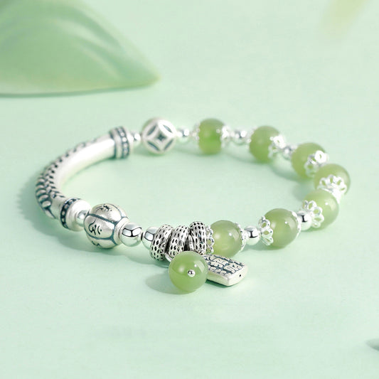 Chinese ethnic style 999 sterling silver jade beaded bracelet(Bead Width 8mm)