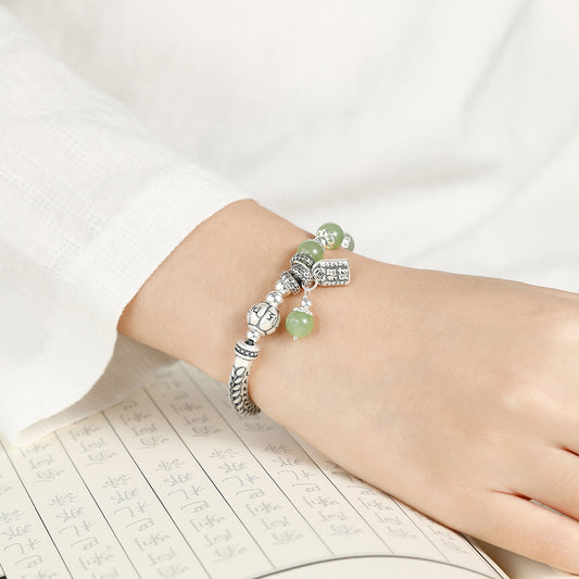 Chinese ethnic style 999 sterling silver jade beaded bracelet(Bead Width 8mm)