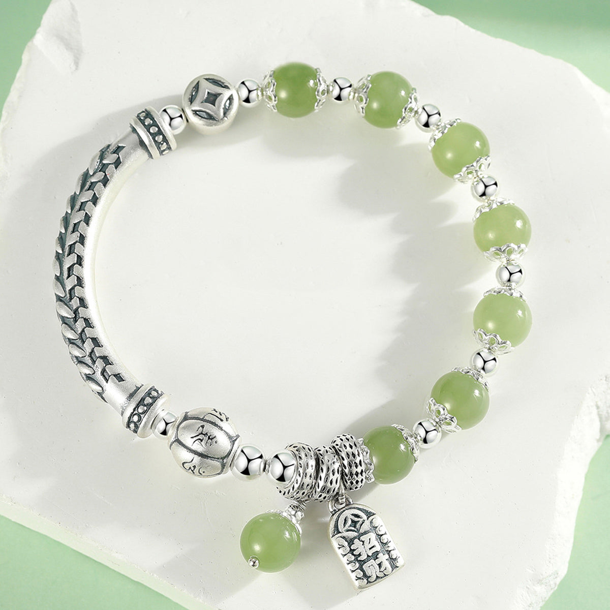 Chinese ethnic style 999 sterling silver jade beaded bracelet(Bead Width 8mm)