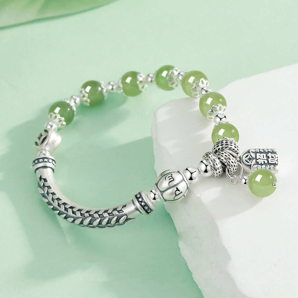 Chinese ethnic style 999 sterling silver jade beaded bracelet(Bead Width 8mm)