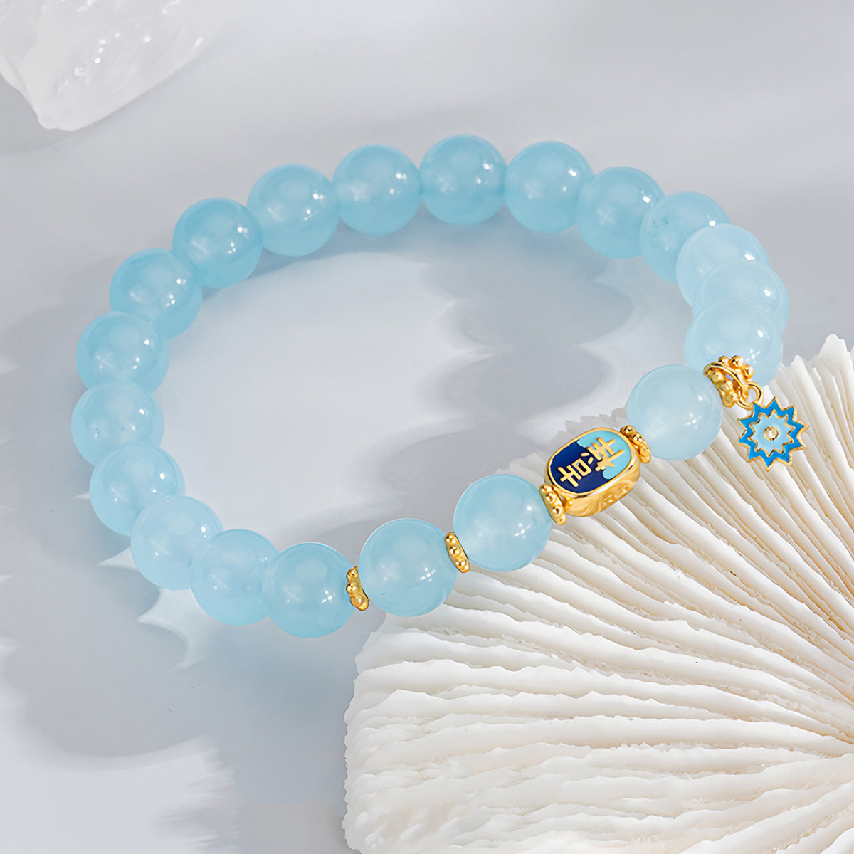 Ocean Blue Auspicious Jade Beaded Bracelet(Bead width 8mm)