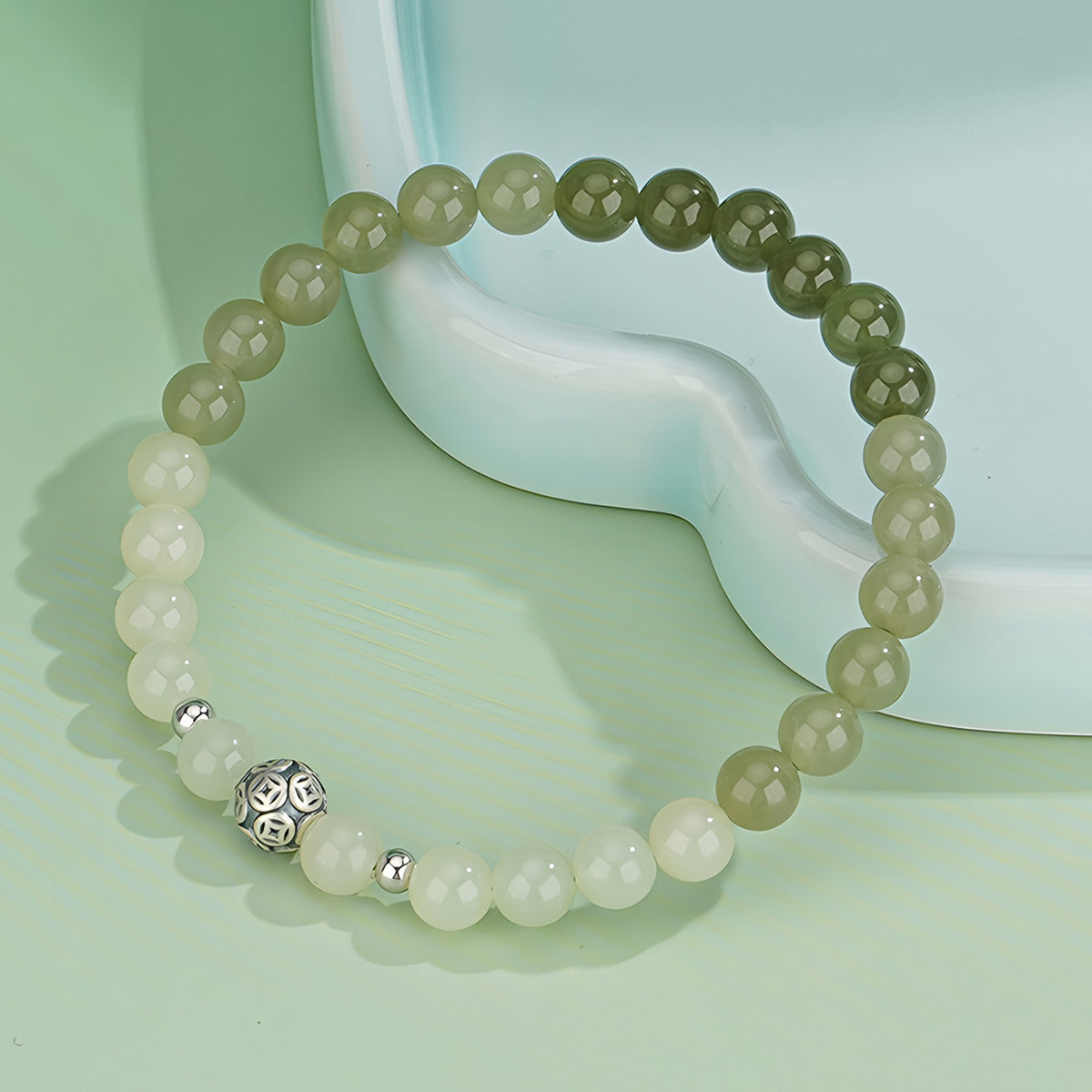 Natural Gradient Classic Green Jade Bracelet(Bead Width 6mm)