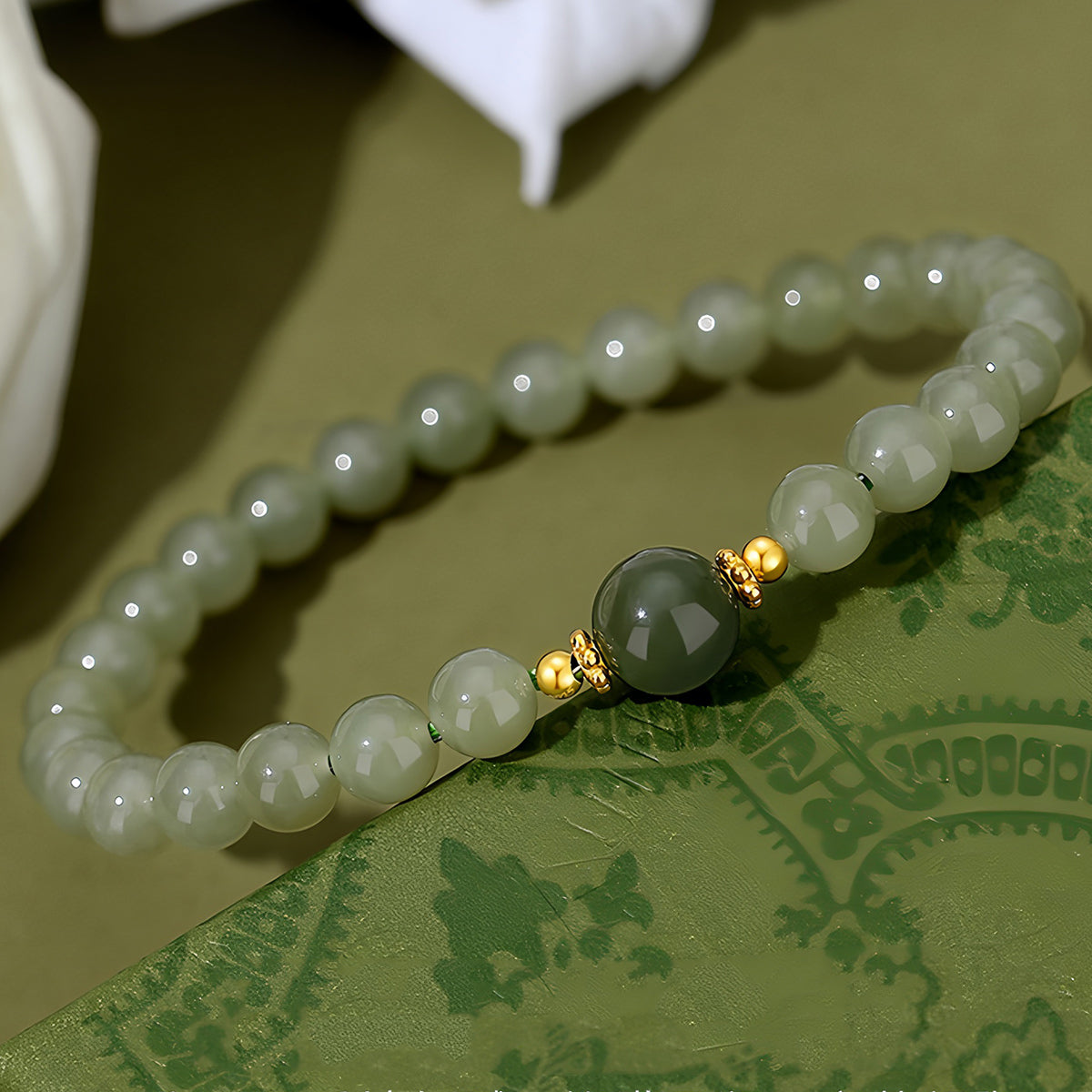 S925 Silver Natural Hetian Jade Classic Jade Beaded Bracelet(Bead width 6mm)