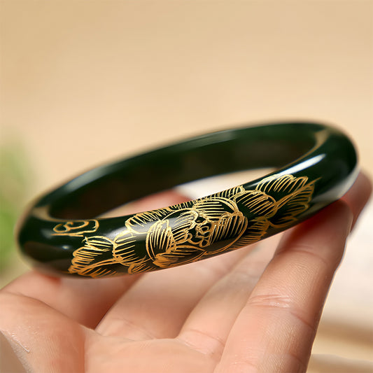 Natural Hetian Jade Hand Carved Dark Green Jade Bracelet