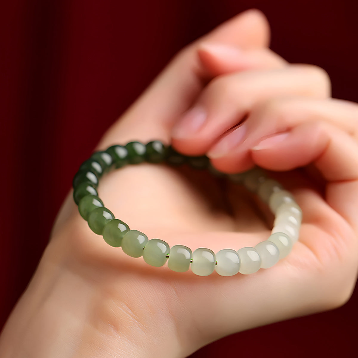 Natural Hetian Jade Gradient Green Jade Beaded Bracelet