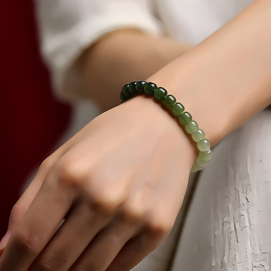Natural Hetian Jade Gradient Green Jade Beaded Bracelet
