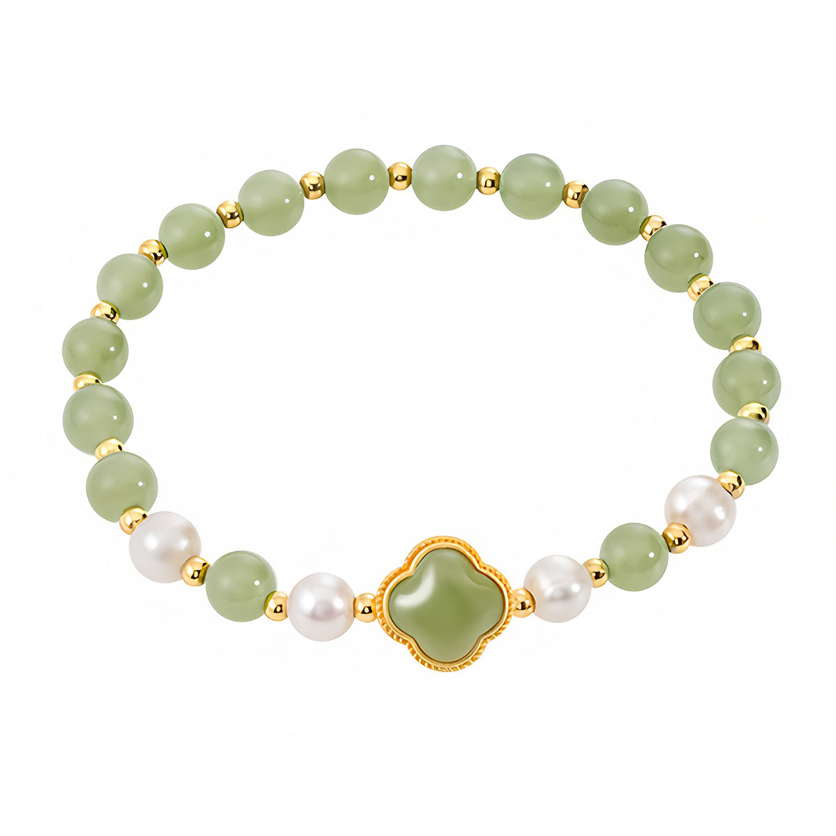 Natural Hetian Jade Pearl Four-Leaf Clover Green Jade Bracelet(Bead width 5.8mm)