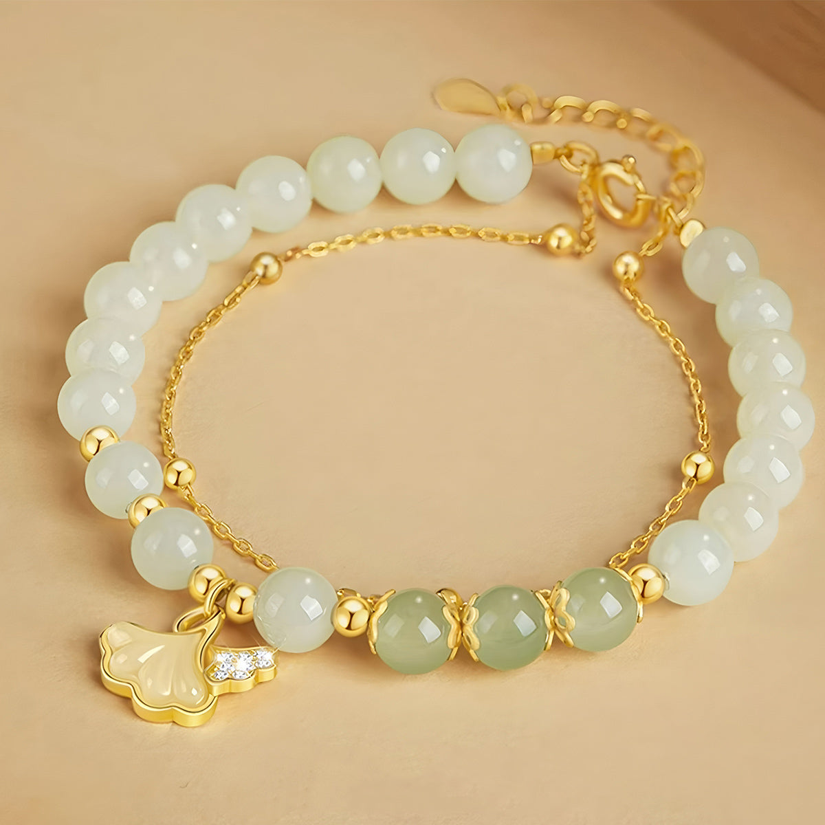 S925 Silver Natural Hetian Jade Apricot Leaf Double Bracelet