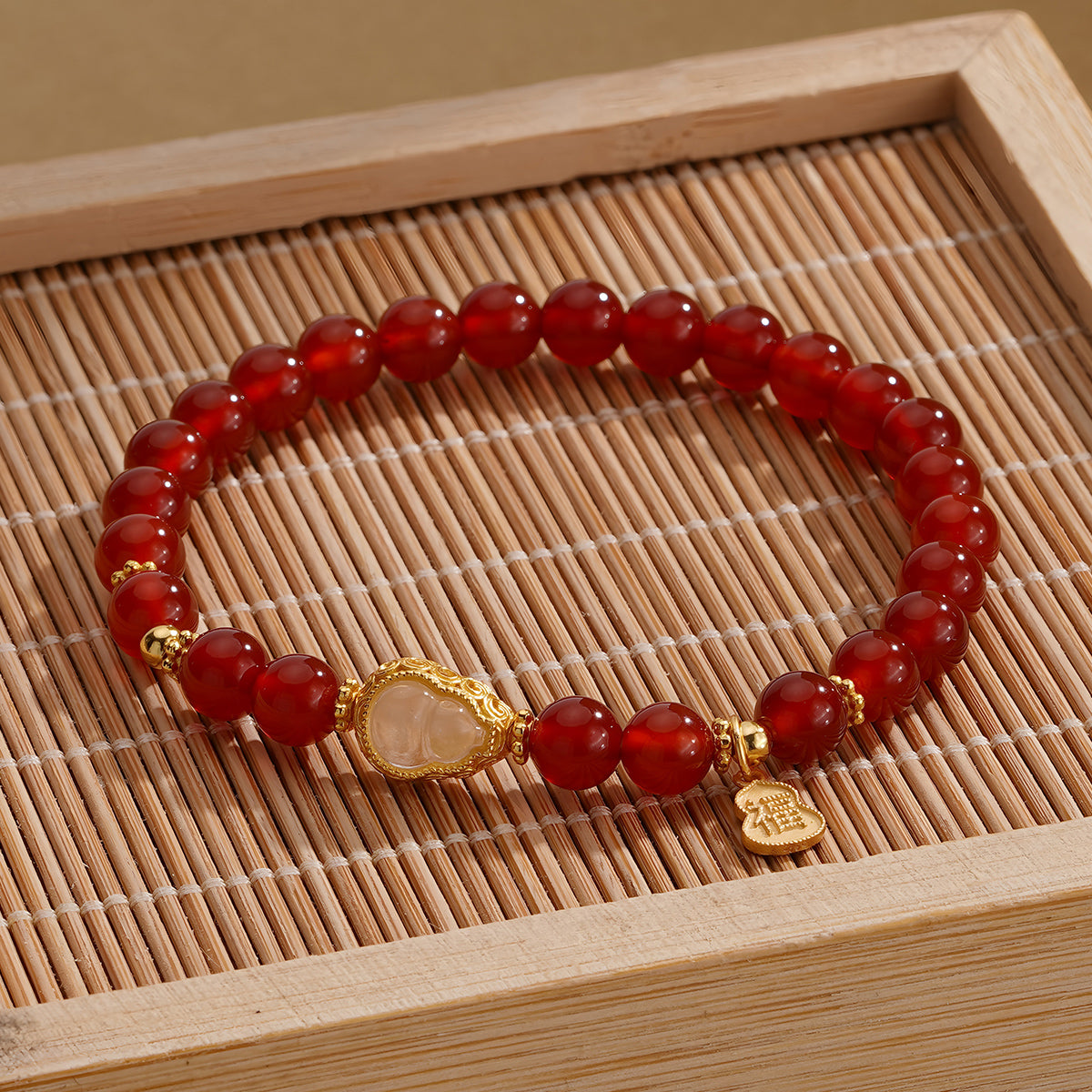 Natural Red Agate White Gourd Jade Beaded Bracelet(Bead width 6.5mm)
