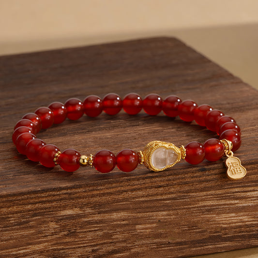 Natural Red Agate White Gourd Jade Beaded Bracelet(Bead width 6.5mm)