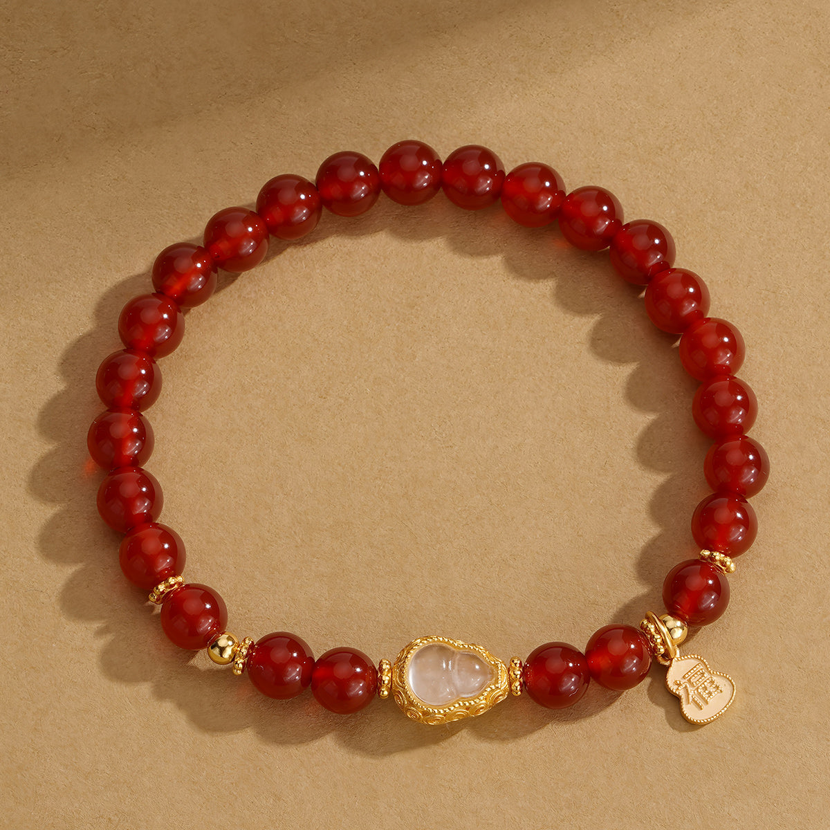 Natural Red Agate White Gourd Jade Beaded Bracelet(Bead width 6.5mm)
