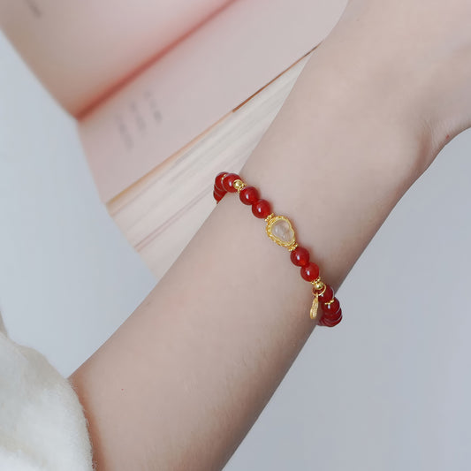 Natural Red Agate White Gourd Jade Beaded Bracelet(Bead width 6.5mm)