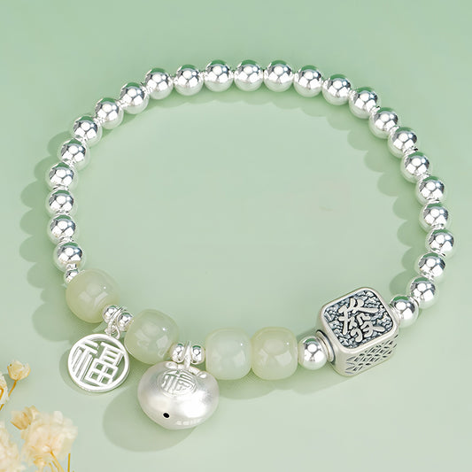 S925 Silver Lucky Bag Design Jade Beaded Bracelet