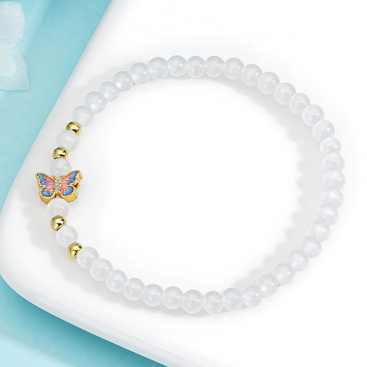 Elegant Butterfly White Jade Beaded Bracelet(Bead width 4.3mm)