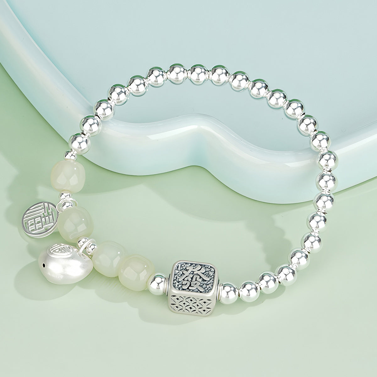 S925 Silver Lucky Bag Design Jade Beaded Bracelet