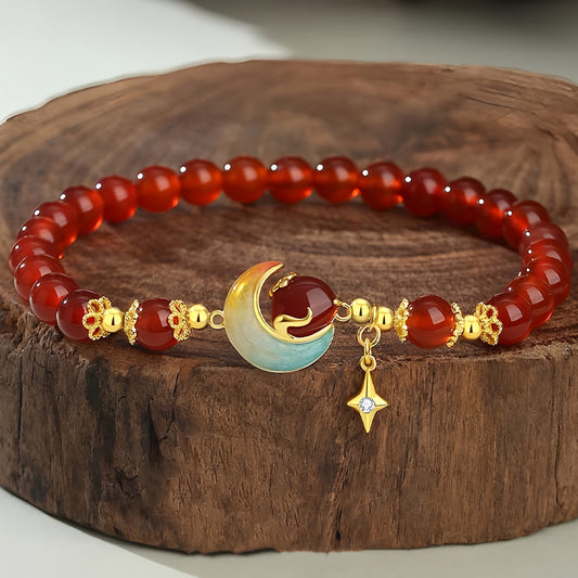 S925 Silver Red Agate Star Moon Jade Beaded Bracelet(elastic cord)