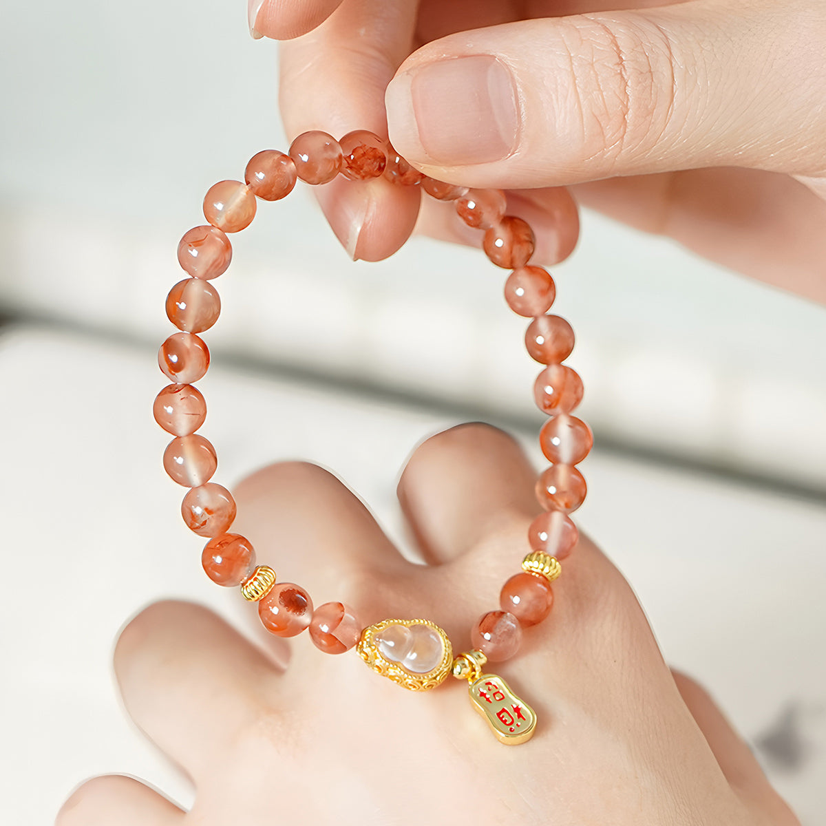 Natural Floating Flower Agate Gourd Jade Beaded Bracelet(Bead width 6mm)