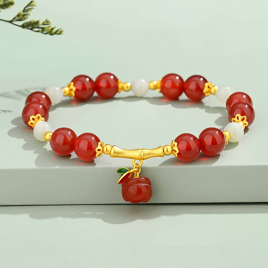 S925 Silver Red Agate Ruyi Bamboo Jade Beaded Bracelet(elastic cord)