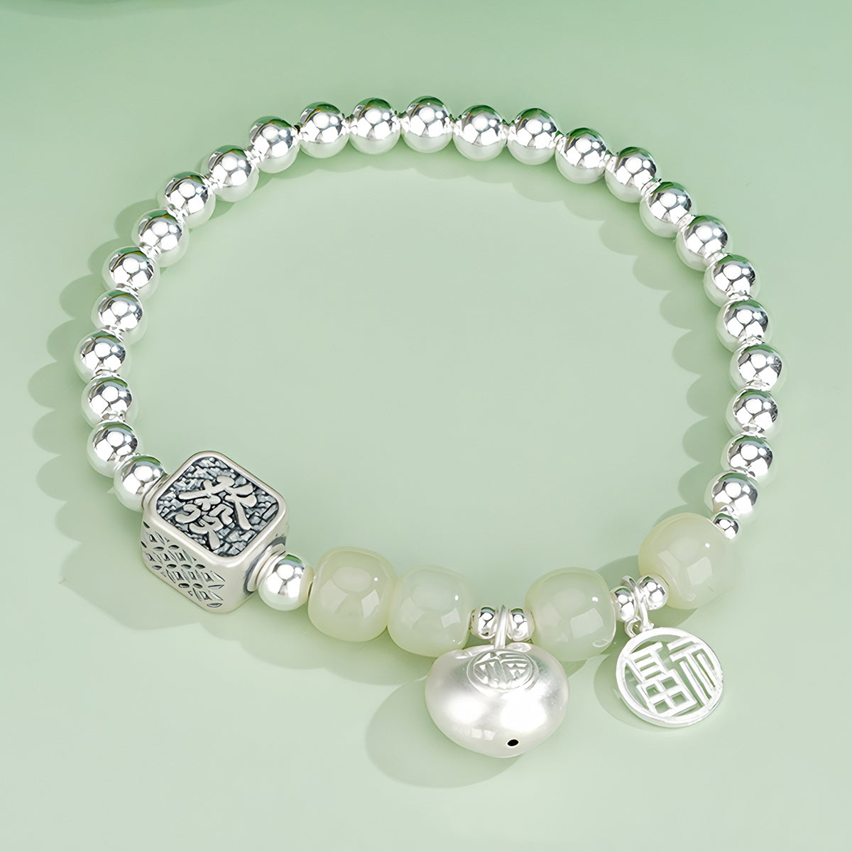 S925 Silver Lucky Bag Design Jade Beaded Bracelet