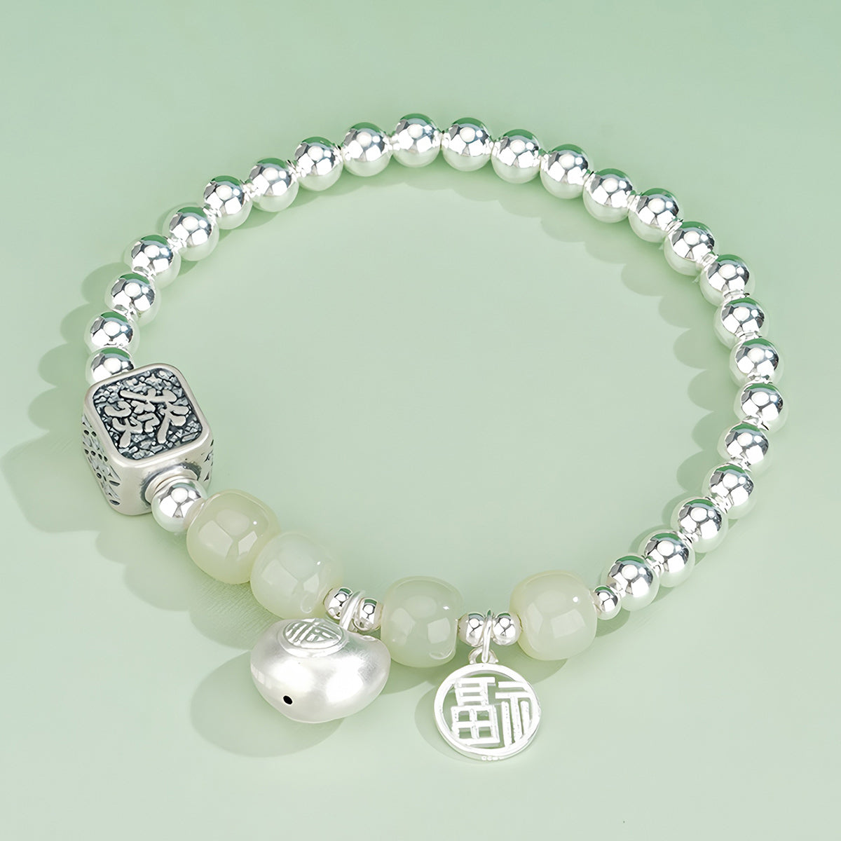 S925 Silver Lucky Bag Design Jade Beaded Bracelet