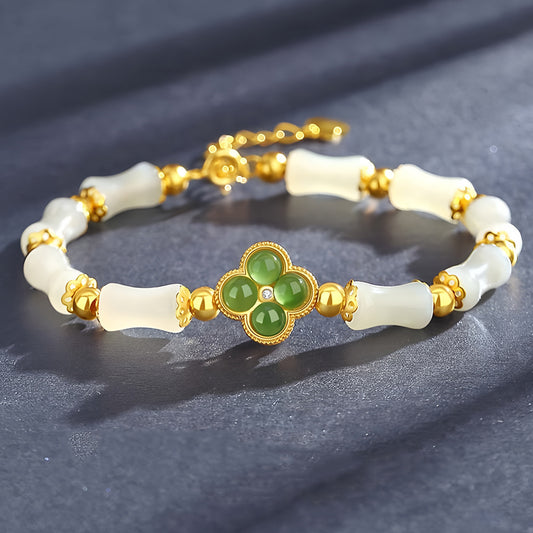 S925 Silver Four-Leaf Clover Hetian Jade Bracelet(16cm+3.5cm)