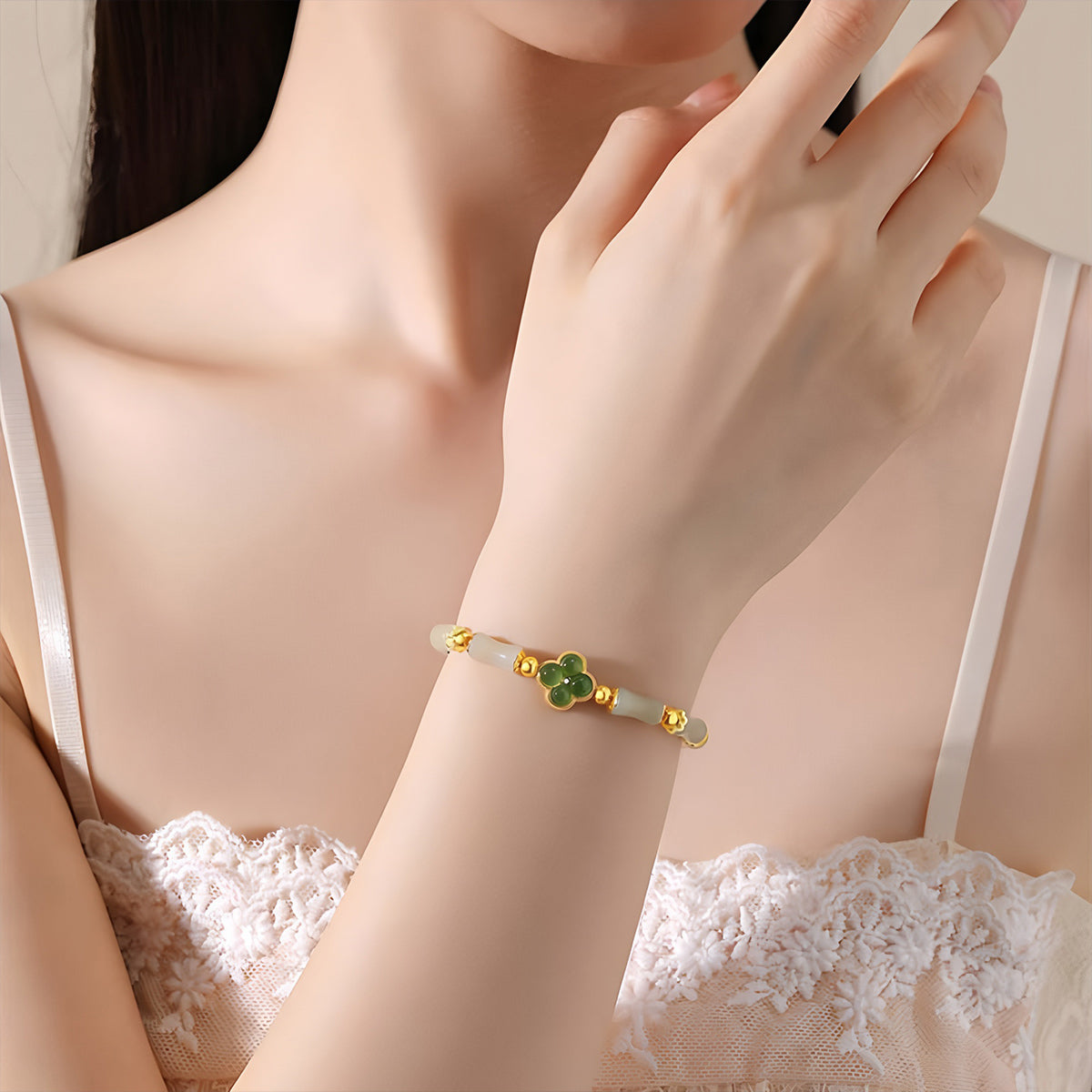 S925 Silver Four-Leaf Clover Hetian Jade Bracelet(16cm+3.5cm)