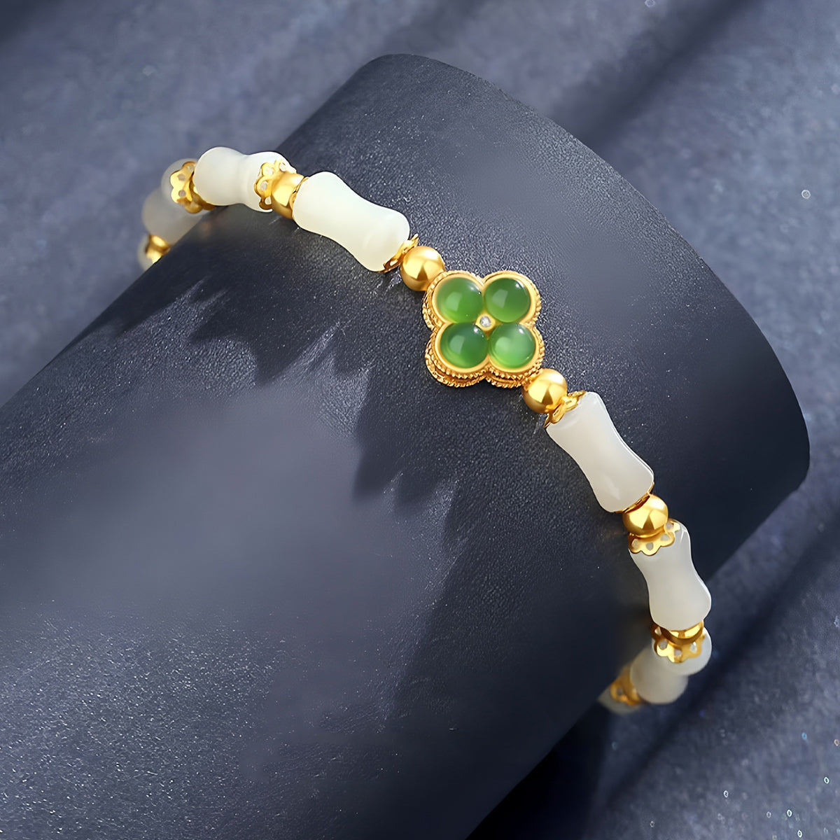 S925 Silver Four-Leaf Clover Hetian Jade Bracelet(16cm+3.5cm)