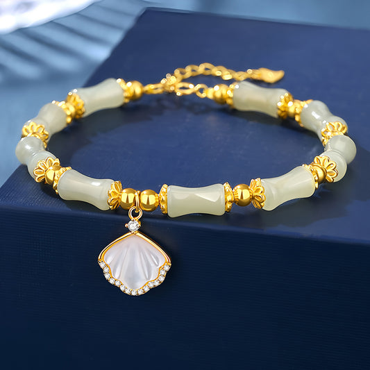 (S925 Silver) Natural Hetian Jade Bamboo Shell Seashell Design Jade Bracelet