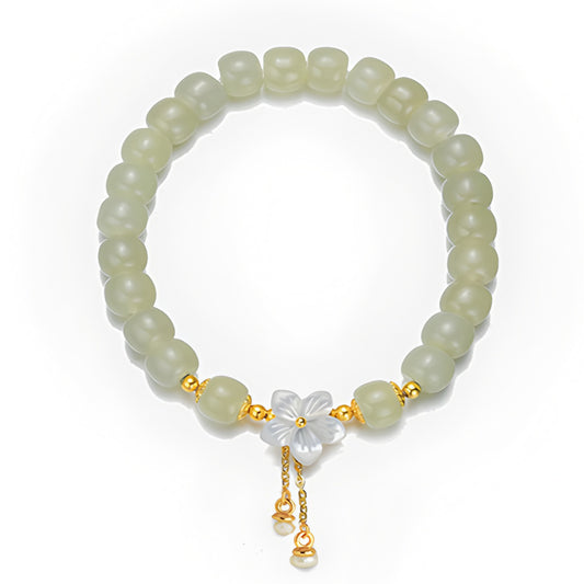 Natural Jade Flower Light Green Jade Bead Bracelet(Bead width 8mm)