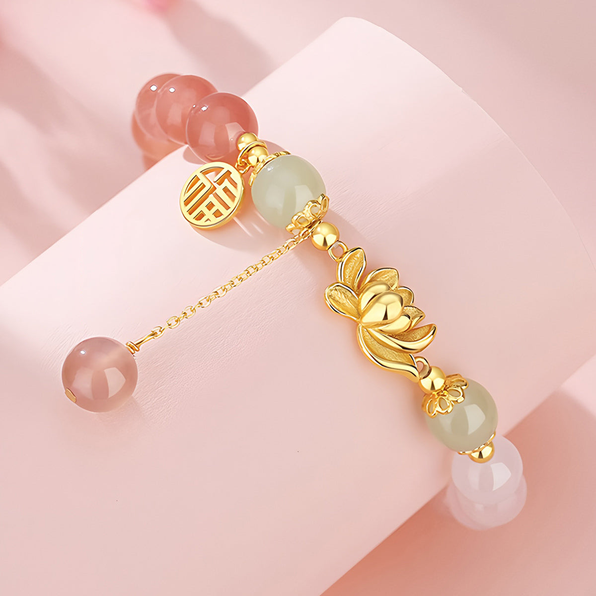 S925 Silver Gradient Pink Lotus Jade Bracelet(Bead width 8mm)