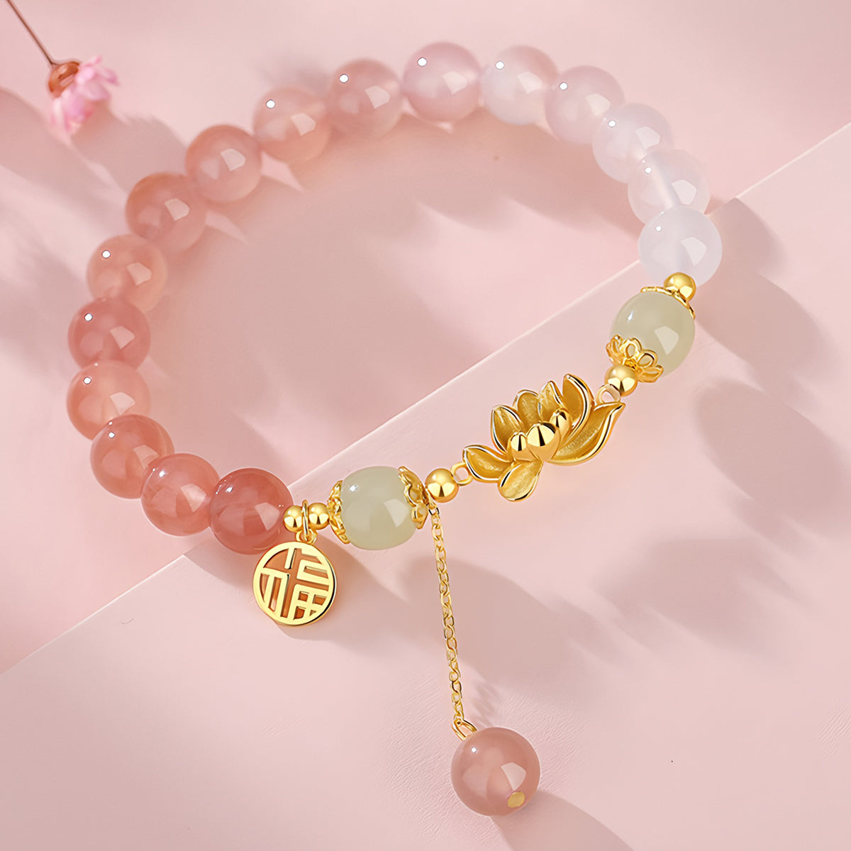 S925 Silver Gradient Pink Lotus Jade Bracelet(Bead width 8mm)