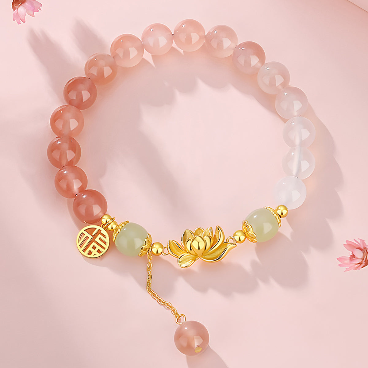 S925 Silver Gradient Pink Lotus Jade Bracelet(Bead width 8mm)