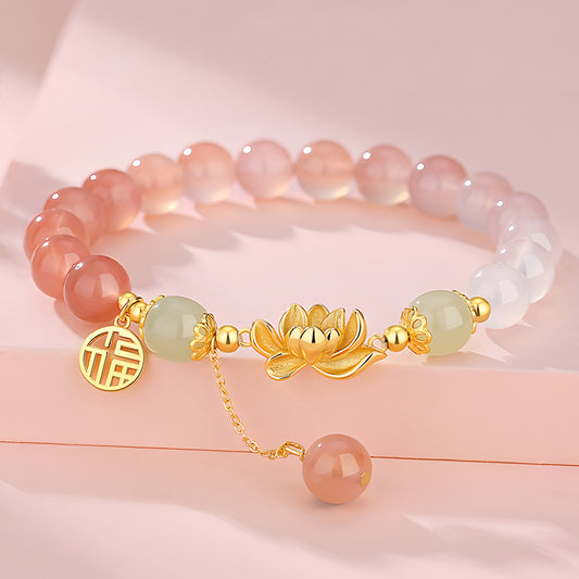 S925 Silver Gradient Pink Lotus Jade Bracelet(Bead width 8mm)