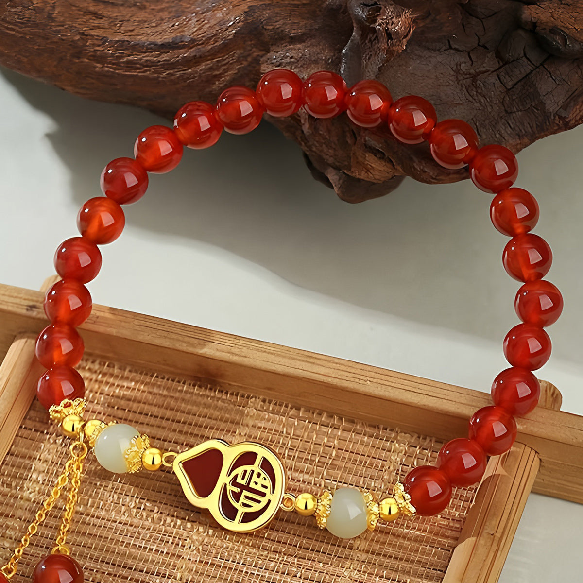 S925 Silver Red Agate Gourd Red Jade Beaded Bracelet(elastic cord)