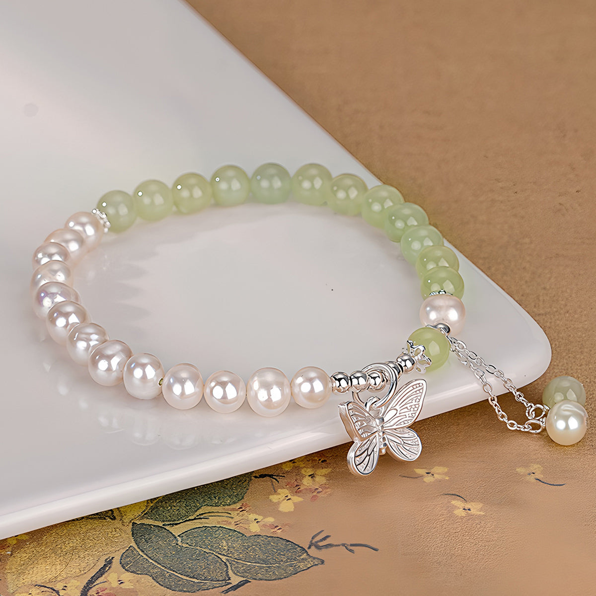 New Chinese style Hetian jade pearl butterfly jade bracelet(Bead width 6mm)