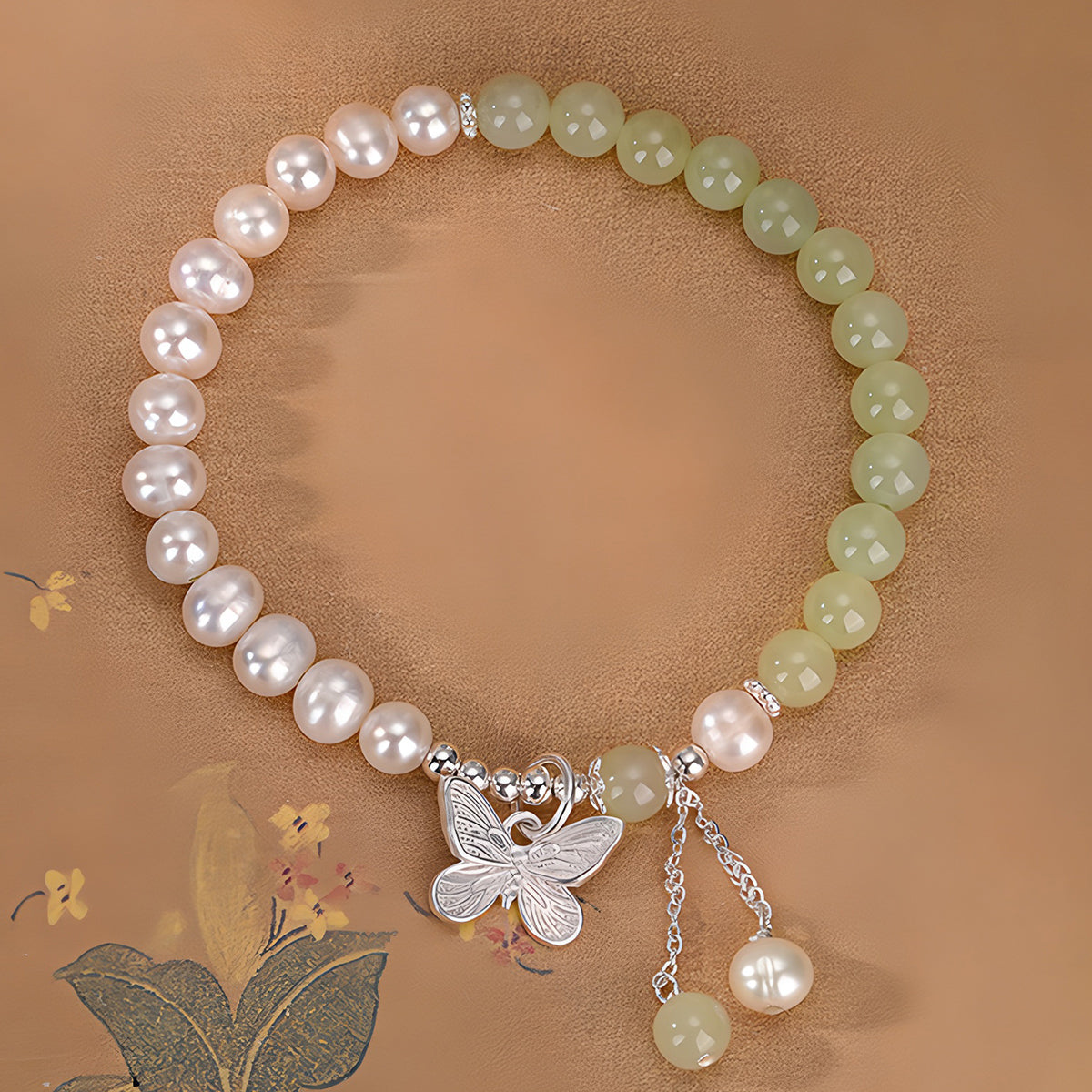 New Chinese style Hetian jade pearl butterfly jade bracelet(Bead width 6mm)