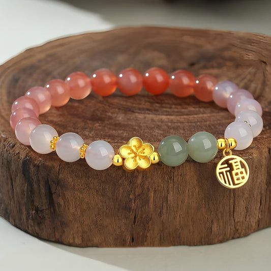 S925 silver natural agate pink jade beaded bracelet