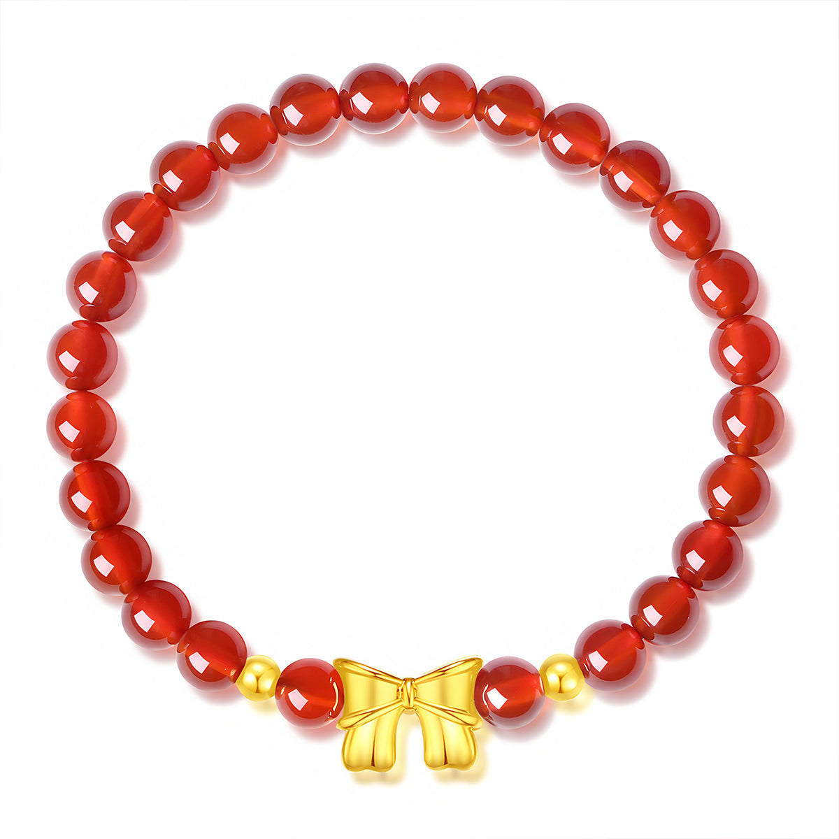18K Gold Bowknot Red Agate Jade Beaded Bracelet（elastic cord）