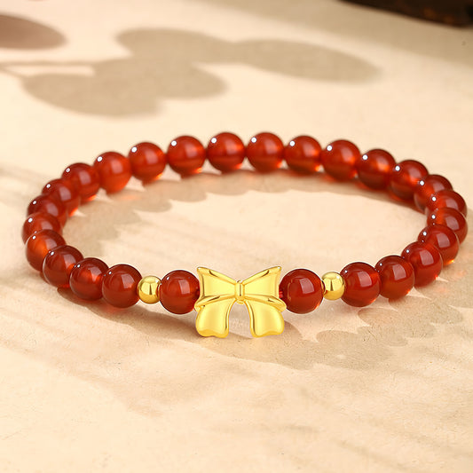 18K Gold Bowknot Red Agate Jade Beaded Bracelet（elastic cord）