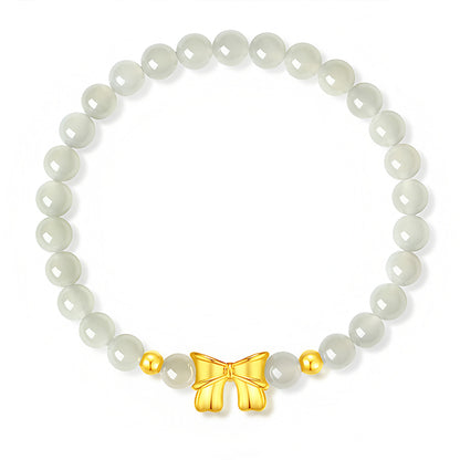18K Gold Bowknot Red Agate Jade Beaded Bracelet（elastic cord）