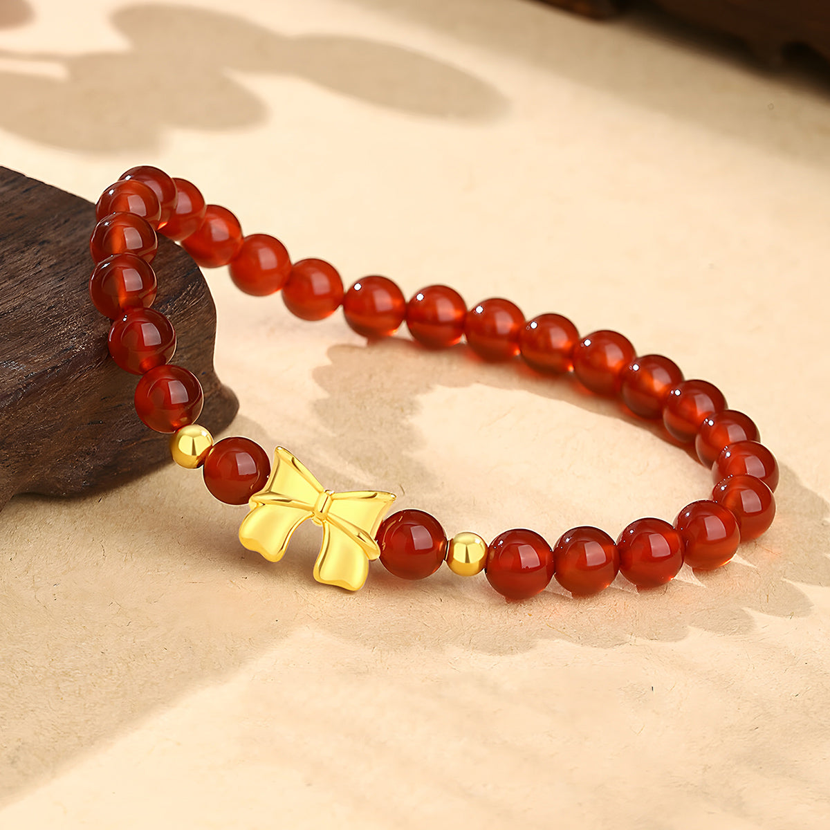 18K Gold Bowknot Red Agate Jade Beaded Bracelet（elastic cord）