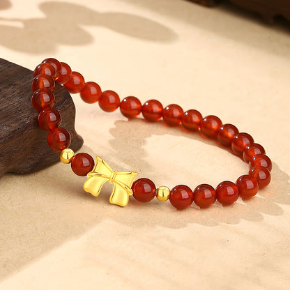 18K Gold Bowknot Red Agate Jade Beaded Bracelet（elastic cord）