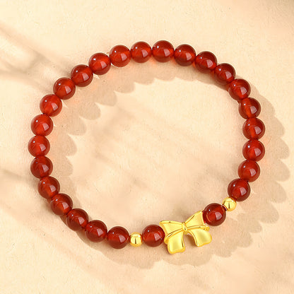 18K Gold Bowknot Red Agate Jade Beaded Bracelet（elastic cord）
