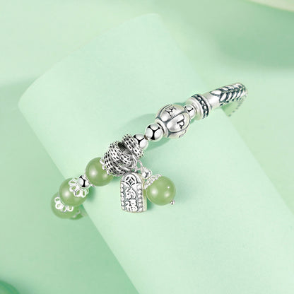 Chinese ethnic style 999 sterling silver jade beaded bracelet（Bead Width 8mm）
