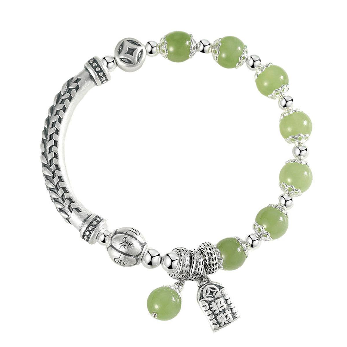 Chinese ethnic style 999 sterling silver jade beaded bracelet（Bead Width 8mm）
