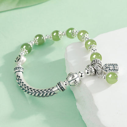 Chinese ethnic style 999 sterling silver jade beaded bracelet（Bead Width 8mm）