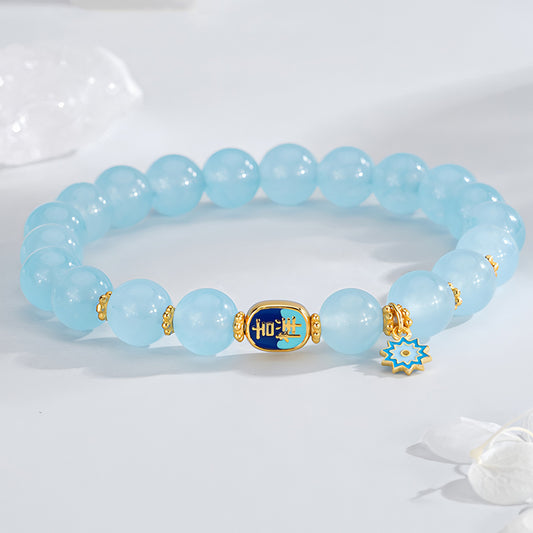 Ocean Blue Auspicious Jade Beaded Bracelet（Bead width 8mm）