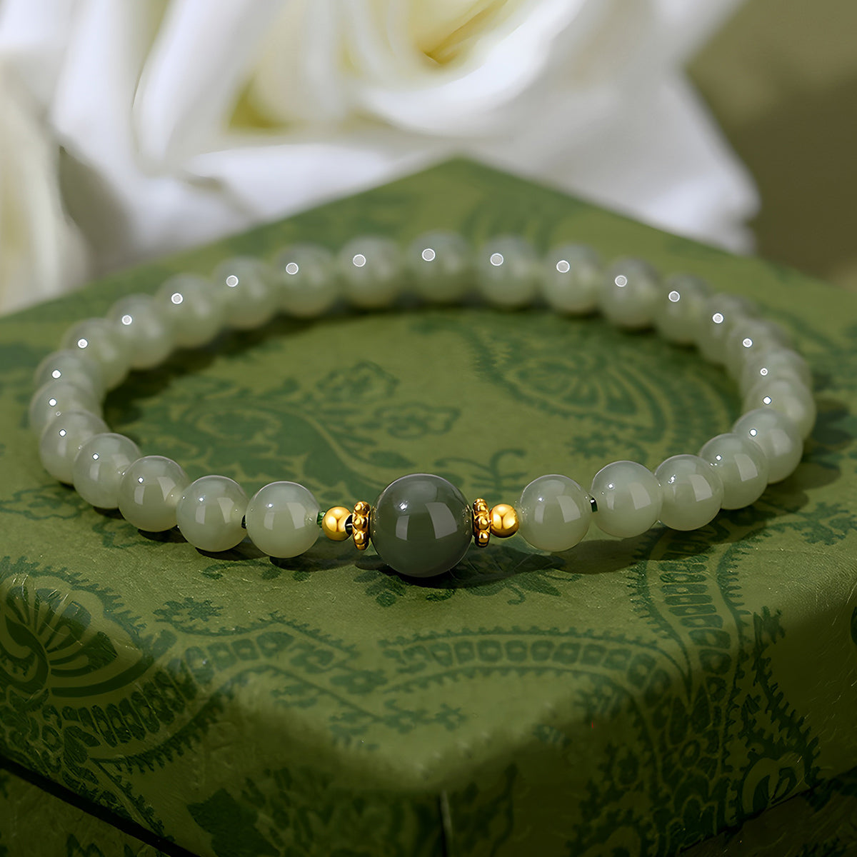 S925 Silver Natural Hetian Jade Classic Jade Beaded Bracelet（Bead width 6mm）